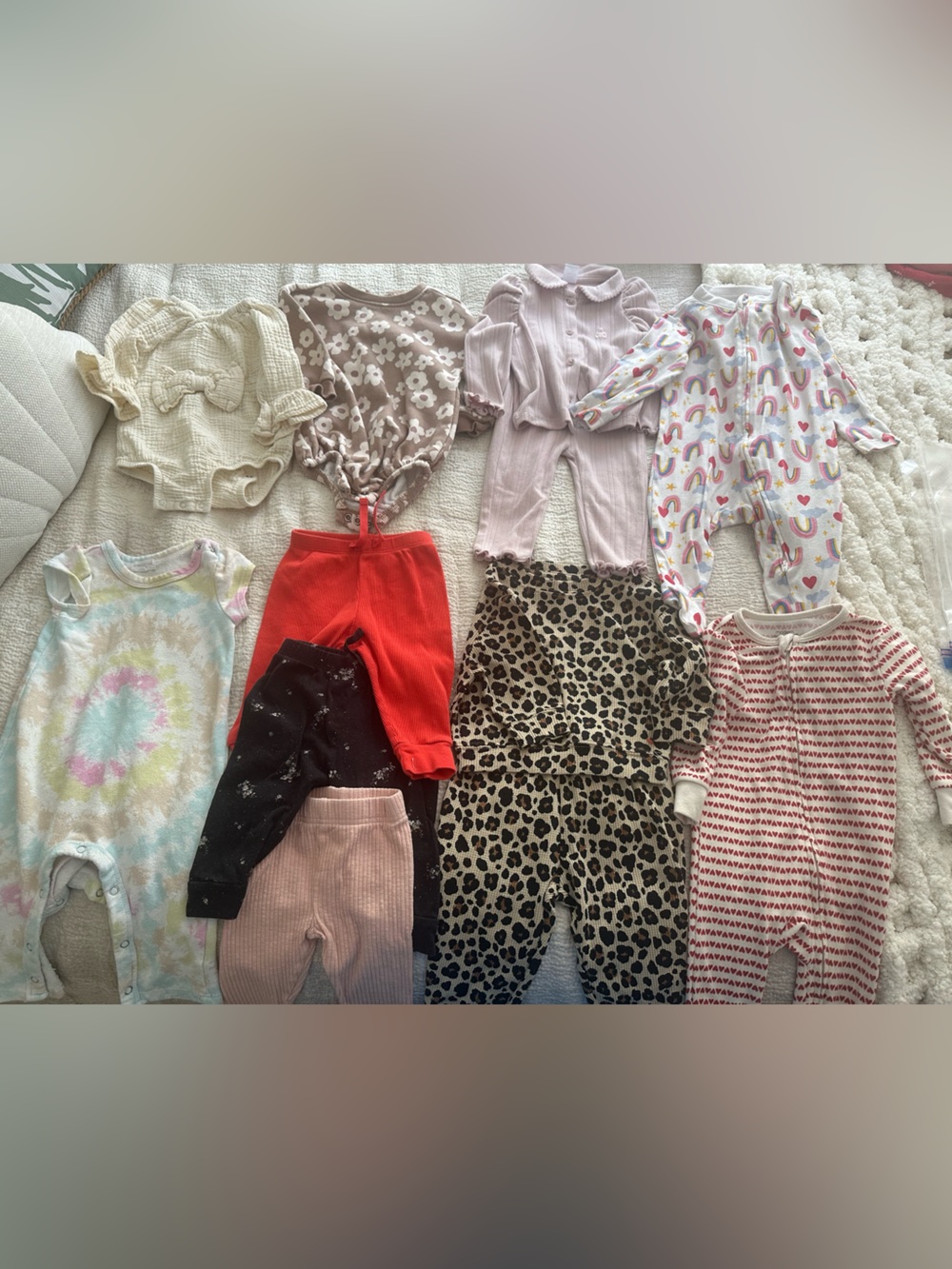 12 Items - Mixed Baby Girls Clothing Bundle - Pastel Tie-Dye, Leopard, Rainbows